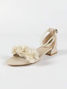 Spring/Summer 3cm Low Heel Square Toe Apricot Wedding Sandals, Elegant Faux Faux Pearl & Flower Decor, Fashionable & Comfortable For Women - Apricot - View 6