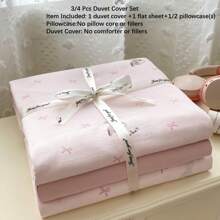 3/4pcs Pink Printed Bedding Set, Cute Rabbit & Bear Print Bedding Set For Girls, Cartoon Animal Soft Pink Bow Pink Heart Polyester Fabric Skin-Friendly Bedding Set (1 Duvet Cover + 1 Bedsheet + 1/2 Pillowcase, Without Filler)