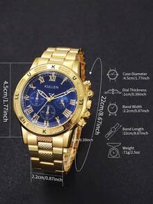 1pc Men's Fashionable Casual Three-Eye Roman Numeral Sun Moon Star Dial Stainless Steel Band Quartz Wristwatch, Stylish And Classic - Gold - View 4