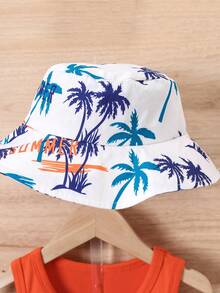 3 件套男婴椰子树印花背心、全身印花短裤和太阳帽套装，休闲度假装