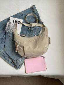 Fashionable Color Nylon Waterproof Shoulder Bag With Simple & Casual College Style, Wide Strap, Multiple Zipper Design Suitable For Students, Shopping, Daily Use, Shoulder Bag For School