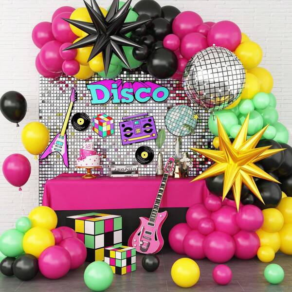 106 stuks geel, zwart, groen, felroze ballonnen slingerboogset, met 22 inch 4D disco zilveren folieballon voor jaren 80 en 90 thema verjaardagsfeest afstuderen bruiloft decoratie