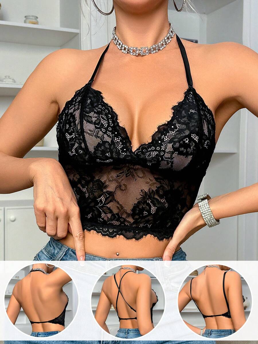 Women's Lace Sexy Wireless Backless Bra - Black - View 1