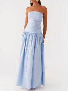 Women Strapless Drop Waist Maxi Dress Y2k Long Floral Tube Dress Flowy A Line Off Shoulder Cocktail Dresses Backless Pleated Going Out Long Dress - Màu xanh lam - Xem 1