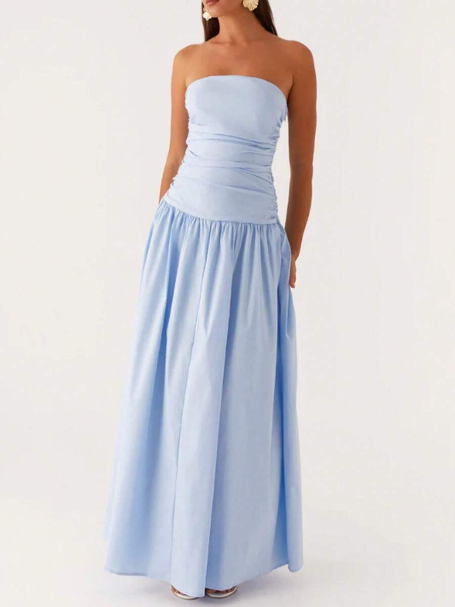 Women Strapless Drop Waist Maxi Dress Y2k Long Floral Tube Dress Flowy A Line Off Shoulder Cocktail Dresses Backless Pleated Going Out Long Dress - Màu xanh lam - Xem 1