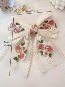 1pc Women's Embroidered Floral Ribbons Big Bow Hair Clip, French Lace Flower Hair Accessory