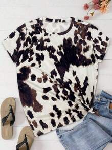Camiseta con estampado de vaca inspirada en el estilo vintage para mujer - Cuello redondo versátil, top de manga corta en mezcla de poliéster, ideal para primavera/verano/otoño, lavable a máquina
