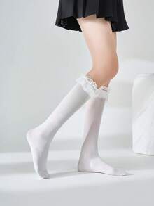 1 Pair Lace Bow Velvet Knee High Socks - Multicolor - View 11