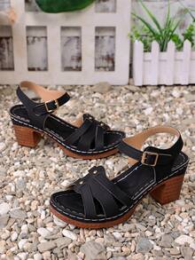 Ultra-Light Women's Summer New Solid Color Criss-Cross Rivet Hook And Loop Thick Heel Sandals, Casual Fashion Versatile French Style High Heel Shoes,Platform Heels For Women - Black - View 9