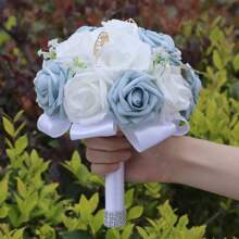 1 Stück eleganter blauer Rosenstrauß mit Satinband, Mori Stil Goldblatt Braut Brautjungfer Hochzeit Künstliche PE Schaum Rose Blumenstrauß PE407E