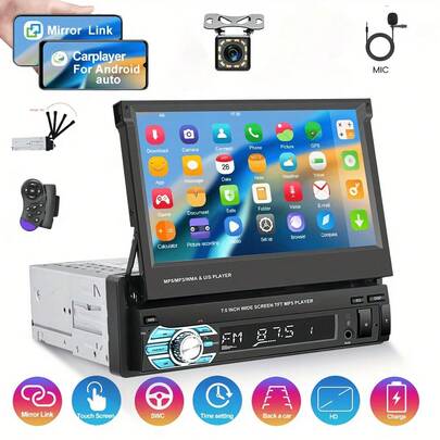 Radio para coche 1 DIN de 7 pulgadas con soporte para CarPlay/Android Auto, Mirror Link, TF/USB, SWC, radio FM con respaldo, reproductor multimedia universal para coche con control de voz, cámara en tiempo real de 12 LED, cámara de visión trasera de alta definición AHD y micrófonos (opcionales)
