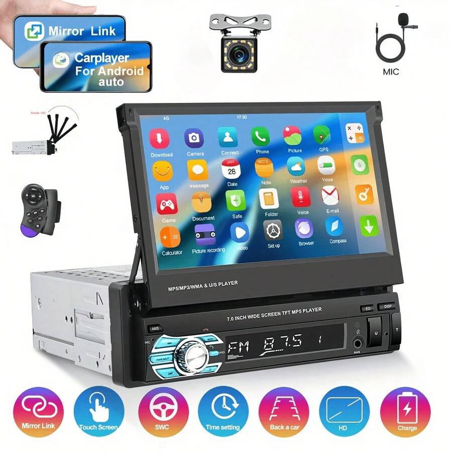 Radio para coche 1 DIN de 7 pulgadas con soporte para CarPlay/Android Auto, Mirror Link, TF/USB, SWC, radio FM con respaldo, reproductor multimedia universal para coche con control de voz, cámara en tiempo real de 12 LED, cámara de visión trasera de alta definición AHD y micrófonos (opcionales) - Con cámara de 12 LED y micrófono - Ver 1