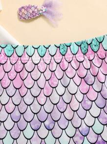 2 pièces/set Top à manches courtes avec imprimé princesse fantaisie et jolie jupe sirène en maille dégradée multicolore à écailles de poisson pour petites filles