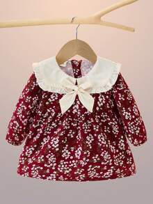 Urocza sukienka dla dziewczynki z długim rękawem, kwiatowym nadrukiem i muszką na wiosnę i jesień - Burgund - Zobacz 3