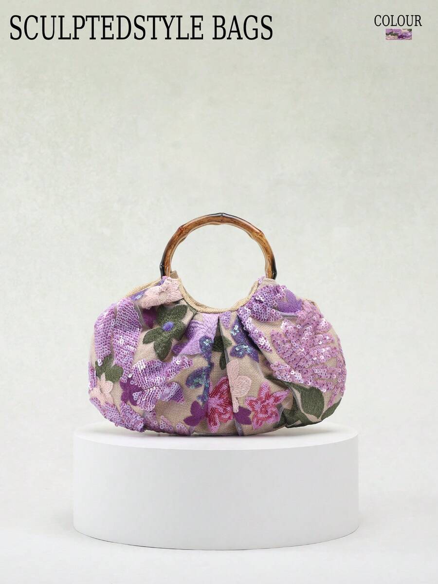1 Pc SCULPTEDSTYLE Bags Colorful PVC Sequined Net Embroidery Flower, Leaf, Cloud Pattern Pleated Casual Summer Beach Women Handbag (Flower Pattern Randomly Sent) - Mauve Purple - View 1