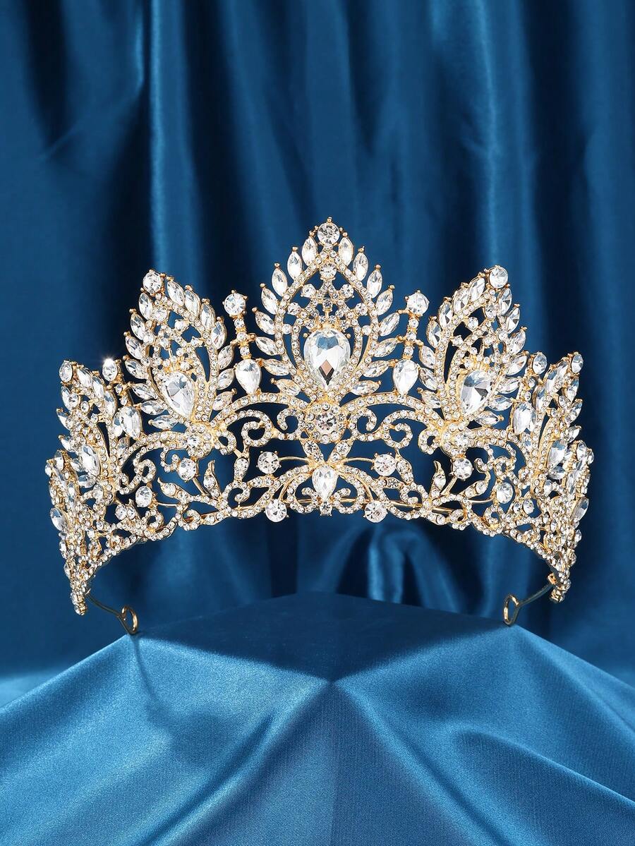 1pc Bridal Gold-Color Rhinestone & Crystal Alloy Luxury Crown Headpiece, Suitable For Wedding, Birthday Party, Photo Shoot - Golden White - View 1