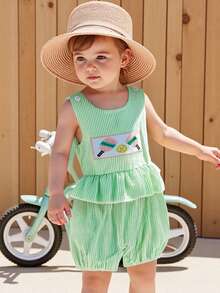 Baby Girls Striped Jumpsuit Sleeveless Crew Neck Pickleball Embroidered Tank Rompers - Green - View 3