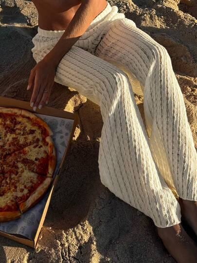 Holiday Fabric Texture Beach Knitted Pants Chic White Casual Pants Y2k Aesthetic Summer Straight Trousers Beachwear