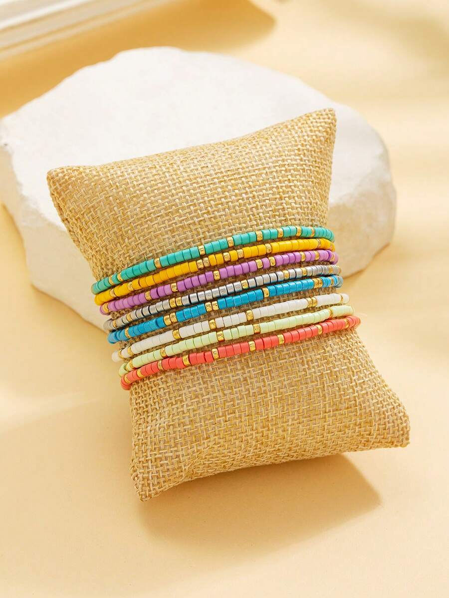 8pcs/Set Boho Beach Vacation Style Colorful Beaded Bracelets, Elastic String Design, Daily Wear & Gift Idea For Women - Multicolor - View 1