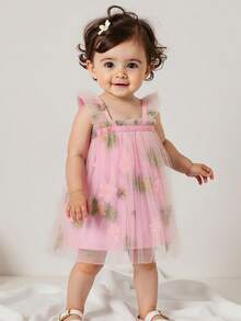Baby Girl Princess Party Dress - Floral Embroidered Tulle Gown With Ruffled Square Neck - Pink - View 7