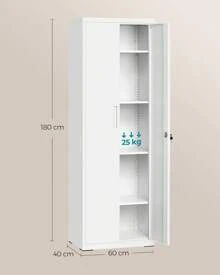 SONGMICS Armadio in Metallo, Armadietto Multiuso, con 5 Ripiani, Anta Doppia e Chiusura, Mobiletto per Strumenti, per Garage Ufficio Studio, Bianco Opaco
