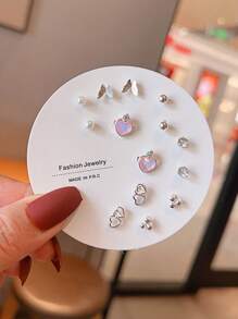 14pcs/Set Cute Faux Pearl, Glass, Rhinestone Butterfly, Pentagon, Star Shaped Earring Set, Suitable For Women, Daily Wear And Gift