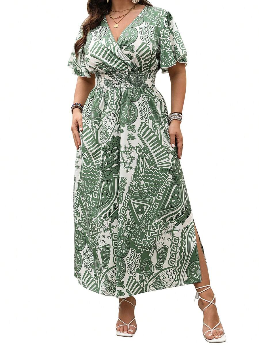 Women's Plus Size Dresses Stylish Unique Print Side Slit V Neck Short Sleeve A-Line Dress For Spring Summer - Green - View 1