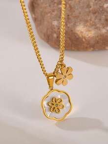 1pc Beautiful Jewelry Gift Set Stainless Steel Necklace With Shell Inlaid Small Floral Pendant, Minimalist Design, Fashionable Accessory For Women, Suitable For Parties, Birthdays - Yellow Gold - View 10