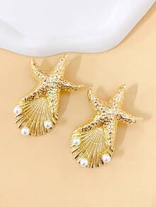 1 对金属海洋主题时尚耳环，采用海星和贝壳仿珍珠设计，适合海滩、派对、度假 - 金色 - 查看 4