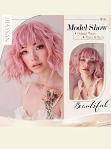 Women'S Pink Bob Wig With Bangs, Elegant Curly Wave, 150% Density, Rose Net Cap, Tanglon Silk, All Ethnicities, No Lace, Full Headpiece, Beauty & Personal Care, Hair Extensions & Accessories Daily Parties, Halloween And Role-Playing