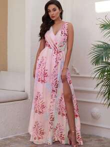 Women Floral Printing V Neck Sleeveless Side Sliting Summer Long Dress, Boho, Vacation, Summer Dress, Wedding, Vacation Outfits Women,Old Money, Saint Patrick St Patrick Day Outfit, Easter Dress Women,Backless Dress, Cowgirl Outfit, Wedding Dress - 粉色 - 查看 6