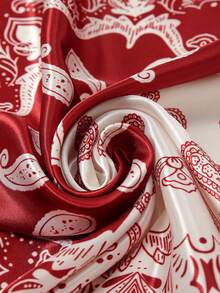 1条女士红白佩斯利印花丝巾，90厘米大号缎面方巾，丝滑柔软，可作头巾或领巾使用，适合搭配连衣裙