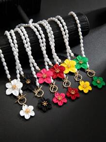 1pc Fashion Faux Pearl Flower Necklace, Enamel 3D Flower Choker Necklace Suitable For Women, Casual Or Holiday Wear, Ideal For Gift Giving