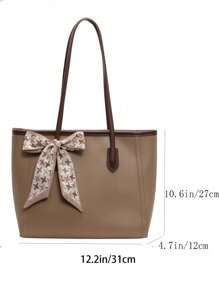 1 pieza Bolso de mano grande de estilo vintage, sencillo y casual, con capacidad amplia, decorado con bufanda de color liso y PU, adecuado para mujer y viaje. Bolso de mujer con lazo de moda para San Valentín.