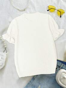 Women's Casual Solid Color Round Neck Ruffle Hem Short Sleeve Loose Wool Blend T-Shirt, Spring/Autumn - White - View 6