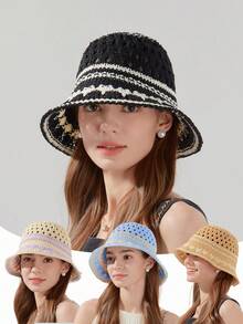 Women's Elegant Breathable UV Protection Bucket Hat, Suitable For Vacation, Beach, Casual, Boho Style - Multicolor - View 1
