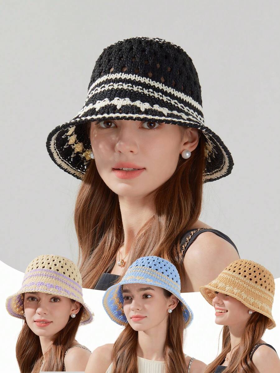 Women's Elegant Breathable UV Protection Bucket Hat, Suitable For Vacation, Beach, Casual, Boho Style - Multicolor - View 1