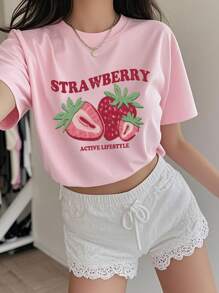 1 bucată Tween Girl cu imprimeu căpșuni, tricou cu mânecă scurtă, cu mânecă scurtă, top casual și confortabil de vară pentru studenți