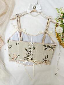 1pc New Design Printed Fashion Spaghetti Strap Backless Bow Tie Detail Crop Corset Top, Elegant - 杏色 - 查看 10