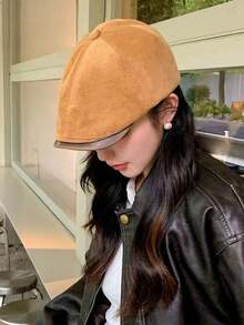 1pc Solid Color Retro Casual Polyester Brimmed Solid Color Beret Hat, Autumn/Winter Fashion Artist Cap Newsboy Cap