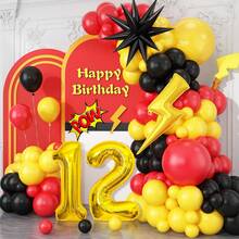 5, 6, 7, 8, 9, 10, 11, 12 Years Old Birthday Red, Black, Yellow Latex Balloon Arch Set & 32" Gold Numeral & Yellow Foil Balloon Set, Cartoon Theme, Birthday Party Decoration