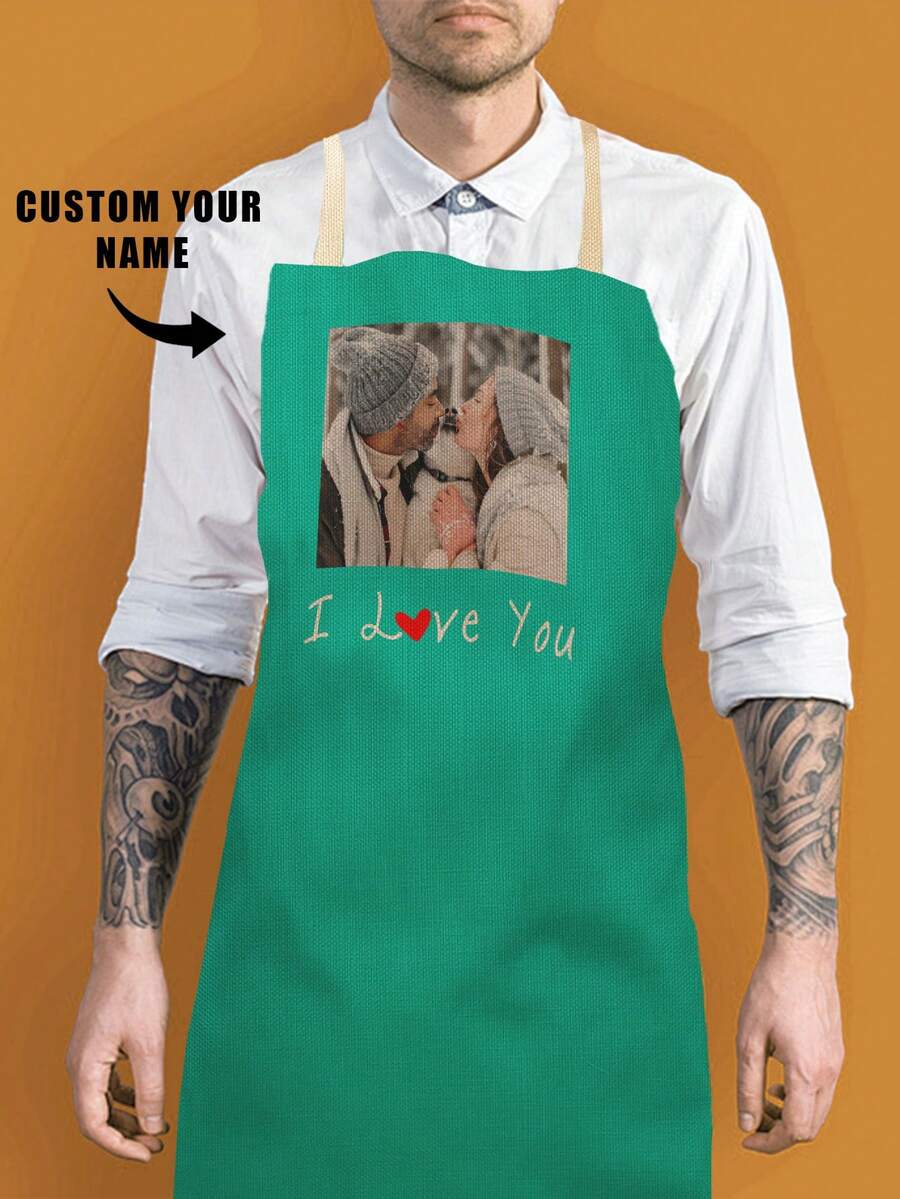 1pc Customized Linen Apron, Personalized Photo Apron For Men & Women, Chef Cooking Kitchen Apron, Pet Photo, Logo Printed, Gifts For Father's Day, Valentine's Day, Mother's Day, Birthday, Wedding Anniversary, Graduation, Wedding, Kitchen Accessories, Yard Work Accessories, Cooking Master - Multicolor - View 1