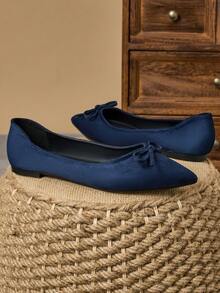 WHDXY Women's French Style Flat Shoes, Pointed Toe Bow Decor Slip-On Loafers, Vintage Black Casual Comfortable Flats - Navy Blue - View 6