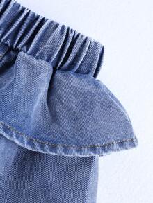 2pcs/Set Tween Girls Casual Bow & Floral Print Layered Ruffle Edge Denim Shorts