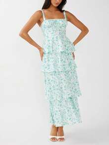 Women Boho Floral Maxi Dress Y2k Spaghetti Strap Square Neck Backless Ruffle Flowy Long Dresses Tiered Sleeveless Tie Up Dress Summer Wedding Guest Sundress Going Out Beachwear - 綠色 - 查看 9
