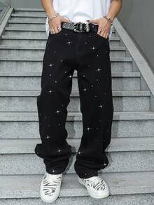 钻石装饰直筒洗水牛仔裤，闪亮时尚牛仔裤，Emo风格