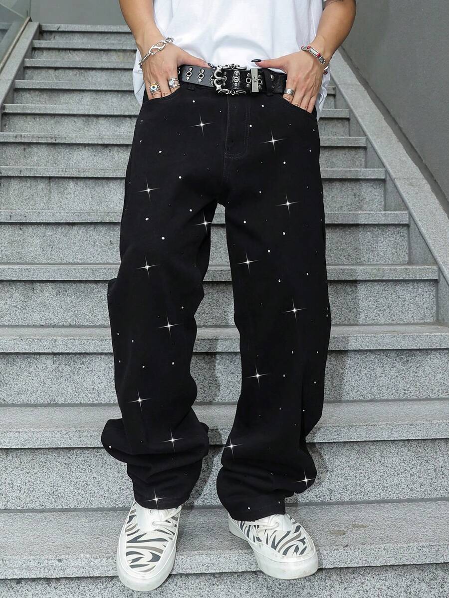 钻石装饰直筒洗水牛仔裤，闪亮时尚牛仔裤，Emo风格