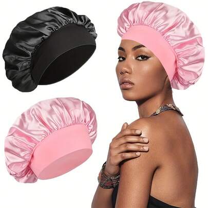 1/2Pcs Silk Bonnet For Sleeping, Satin Hair Bonnets, Soft Elastic Band Silk Sleep Cap, Silk Hair Wrap For Curly Hair (Black&Pink) Bonnet En Satin-Bonnet-Bonnet Satin Hair Accessories