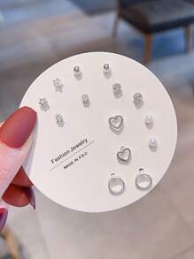 14pcs/Set Cute Faux Pearl, Glass, Rhinestone Butterfly, Pentagon, Star Shaped Earring Set, Suitable For Women, Daily Wear And Gift