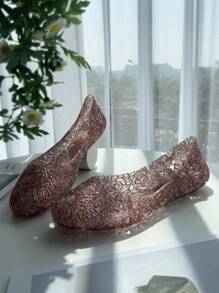 Women's Sandals, Shiny Jelly Hollow Fruit Design Beach & Home Flat Closed Toe Aqua Shoes, Soft Breathable Glitter Rose Pattern Sandals, Summer